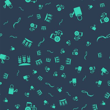 Traktör, su bidonu, buğday ve orak 'ı kusursuz desene ayarlayın. Vektör