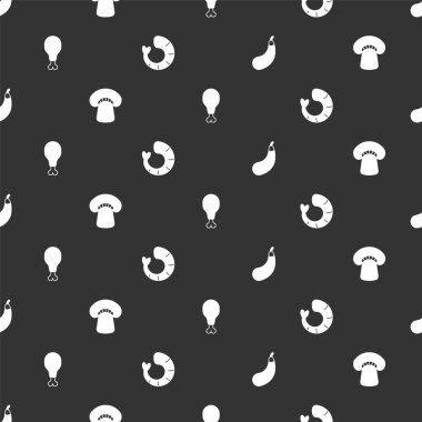 Patlıcan, mantar, tavuk budu ve karidesi pürüzsüz bir kalıba sokun. Vektör