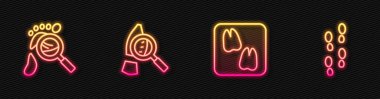 Çizgili deve pençesi ayak izi, ayaklı büyüteç ve insan ayak izi ayakkabıları. Parlayan neon ikonu. Vektör
