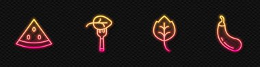 Yaprak ya da yaprak, karpuz, vejetaryen besin diyeti ve patlıcan. Parlayan neon ikonu. Vektör
