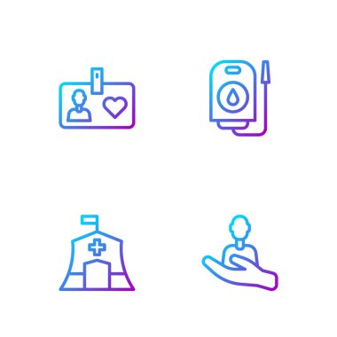 İnsanlarla ilgilenmek, acil durum çadırı, gönüllü kimlik kartı ve kan bağışı. Renk simgeleri. Vektör