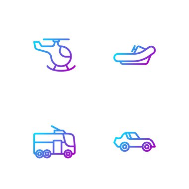 Hat çizgisi Car, Trolleybus, helikopter ve Rafting botu. Renk simgeleri. Vektör