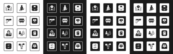 Stembus, gecensureerde postzegel, pistool, envelop met vraagteken, hartslag, levensverzekering in de hand, wetboek en pictogram politieagent. Vector — Stockvector