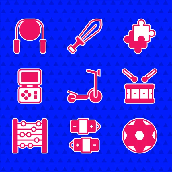 Set Roller scooter, Bateria, Futebol bola de futebol, Tambor com bastões de tambor, Abacus, Tetris jogo eletrônico, Puzzle peças de brinquedo e ícone de corda de salto. Vetor — Vetor de Stock