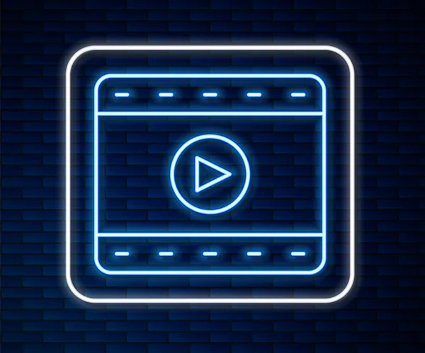 Leuchtende Neon-Linie Play Video-Symbol isoliert auf Ziegelwand Hintergrund. Filmstreifenschild. Vektor — Stockvektor