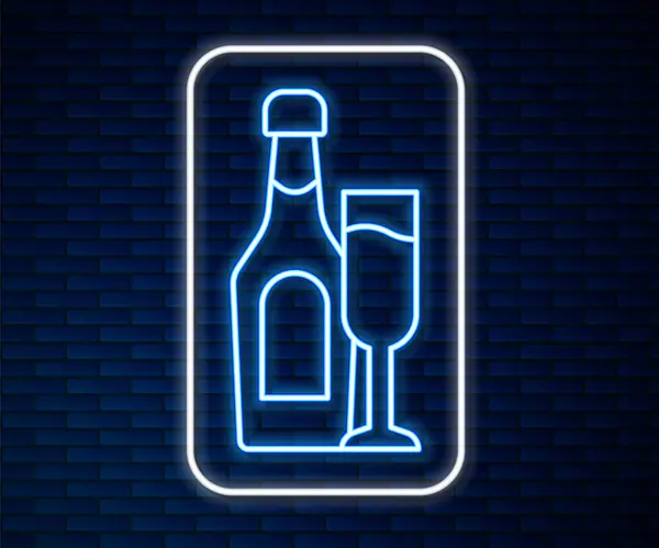 Glödande neon linje Champagne flaska med glas ikon isolerad på tegelvägg bakgrund. Vektor — Stock vektor