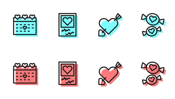 Set line Amour with heart and arrow, Calendar, Photo frames hearts and Candy icon. Vector — Stock Vector