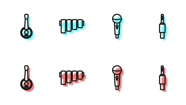 Set line Microphone, Banjo, Pan flute and Audio jack icon. Vector — Stock Vector