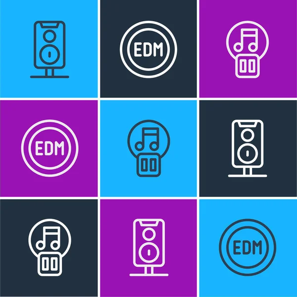 Set line Stereo speaker, pauzeknop en EDM icoon voor elektronische dansmuziek. Vector — Stockvector
