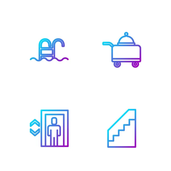 Set line trappen, lift, zwembad en bedekt met een dienblad met voedsel. Gradiënt kleurpictogrammen. Vector — Stockvector
