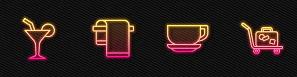 Set line Coffee cup, Cocktail, Towel on hanger and Trolley suitcase. Glowing neon icon. Vector — Stock Vector