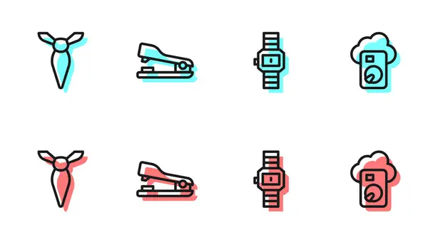 Définir ligne montre-bracelet, cravate, agrafeuse et Cloud icône de base de données. Vecteur — Image vectorielle