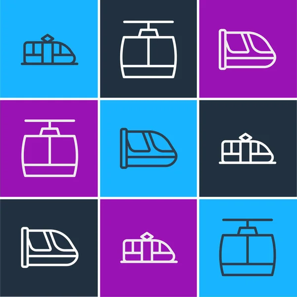Set line Tram and railway, Train and Cable car icon. Vector — Stock Vector