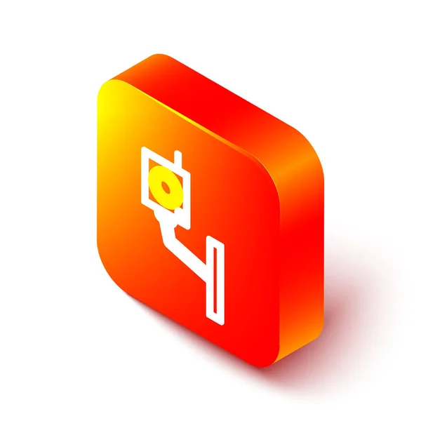 Línea isométrica Icono de cámara de seguridad aislado sobre fondo blanco. Botón cuadrado naranja. Ilustración vectorial — Vector de stock