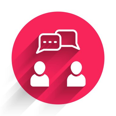 Beyaz Konuşma baloncuk sohbet simgesi uzun gölgeli izole. İleti simgesi. İletişim ya da yorum sohbet sembolü. Kırmızı daire düğmesi. Vektör