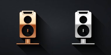 Altın ve gümüş Stereo hoparlör simgesi siyah arkaplanda izole edildi. Ses sistemi hoparlörleri. Müzik ikonu. Müzikal sütun hoparlörü. Uzun gölge tarzı. Vektör
