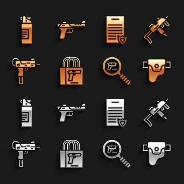 Silah tabancası, MP9I alt makine, silah kılıfı, tabanca ya da arama, UZI, Ateşli Silahlar ruhsatı, silah yağı şişesi ve Çöl Kartalı simgesi. Vektör