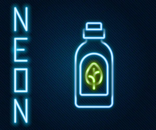 Gloeiende neon lijn Essentiële olie fles pictogram geïsoleerd op zwarte achtergrond. Biologische aromatherapie essentie. Verpakking voor huidverzorging serum glazen druppel. Kleurrijk concept. Vector — Stockvector