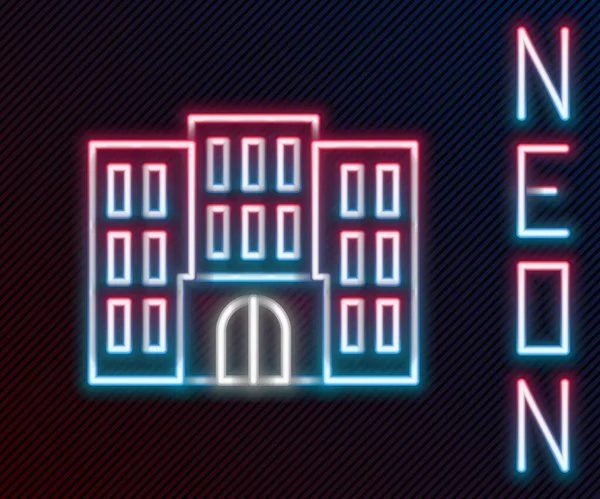 Gloeiende neon lijn Hotel gebouw pictogram geïsoleerd op zwarte achtergrond. Kleurrijk concept. Vector — Stockvector