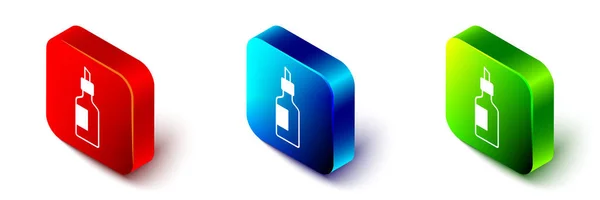 Ізометрична пляшка ікони оливкової олії ізольована на білому тлі. Жонг з іконою оливкової олії. Червона, синя і зелена квадратна кнопка. Векторні — стоковий вектор