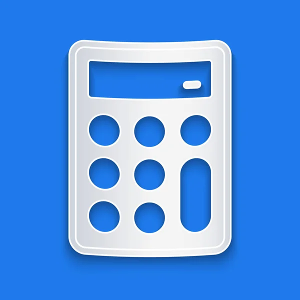 Papier gesneden Calculator pictogram geïsoleerd op blauwe achtergrond. Boekhoudkundig symbool. Bedrijfsberekeningen wiskunde onderwijs en financiën. Papierkunst stijl. Vector — Stockvector