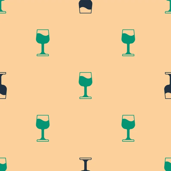 Zielony i czarny Ikona kieliszka wina odizolowany bezszwowy wzór na beżowym tle. Szklanka wina. Wektor — Wektor stockowy