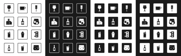 Set Bicchiere di champagne, bottiglia di whisky, e vetro, vino, whisky, tazza di caffè, cartello stradale con Bar e Cocktail Bloody Mary icona. Vettore — Vettoriale Stock