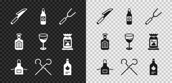 Set Knife, Beer bottle, Barbecue fork, Kitchen apron, BBQ skewers, Tabasco sauce, Sauce and Wine glass icon. Vector — Stock Vector