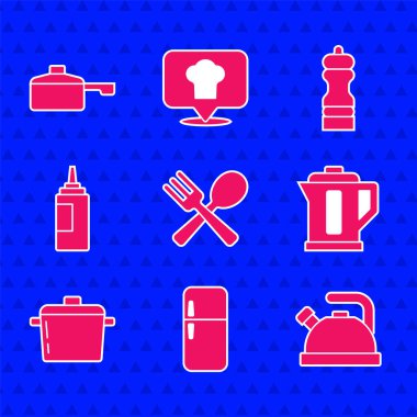 Çapraz çatal ve kaşık, buzdolabı, elektrikli su ısıtıcısı, tencere, sos şişesi, biber ve tava ikonu. Vektör