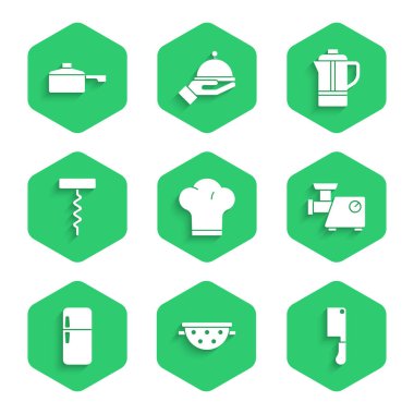 Şef şapkası, mutfak kevaşesi, et doğrayıcısı, kıyma makinesi, buzdolabı, şarap tirbuşonu, çaydanlık ve kızartma ikonu. Vektör