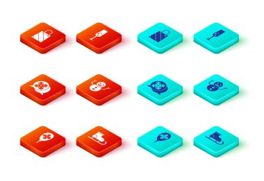 Kar taneli balonlar, figür patenler, kar tanesi konuşma balonu, Noel kardan adam, bir bardak şampanya ve alışveriş poşeti ikonu. Vektör