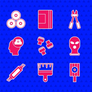 İşaretleyici kalem eklentisi, boya fırçası, sprey başlık, kar maskesi, cıvata kesici ve sprey ikonu ayarlayın. Vektör