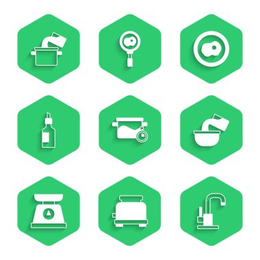 Pişirme kabı, tost makinesi, su musluğu, tencere, pullar, bir şişe zeytinyağı, çırpılmış yumurta ve ikon. Vektör