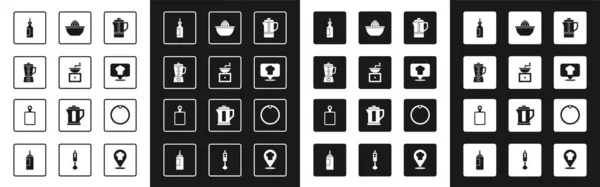 Set Teekanne, manuelle Kaffeemühle, Mixer, Flasche Olivenöl, Kochmütze mit Standort, Zitrusfruchtpresse, Schneidebrett und Symbol. Vektor — Stockvektor
