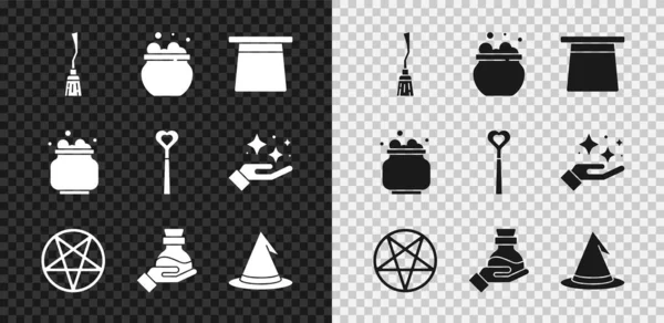 Set Escoba de brujas, caldero, sombrero mágico, Pentagrama en círculo, Botella con poción e icono de varita. Vector — Archivo Imágenes Vectoriales