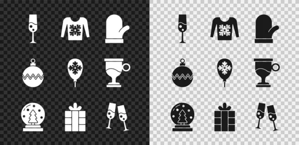 Набор бокал шампанского, рождественский свитер, варежка, снежный шар, подарочная коробка, мяч и воздушные шары с иконой снежинки. Вектор — стоковый вектор