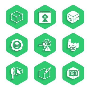 3D yazıcı uyarısı, 3D kalem aracı, RGB ve CMYK renk karıştırma, baskı evi endüstrisi, tarayıcı küp, ayar, Isometric ve simge ile ayarlayın. Vektör