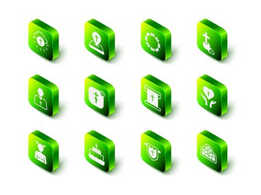 Konum kilisesi binası, dikenli taç, Hıristiyan haçı, dindar kalp, lekeli cam, Hıristiyanlı bayrak ve Nuh ikonu. Vektör