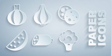 Salami sosisi, çikolatalı kurabiye, karpuz, brokoli, sarımsak ve soğan ikonu. Vektör