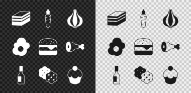 Pasta, havuç, sarımsak, acı sos, bisküvi, çörek, omlet ve hamburger ikonu. Vektör