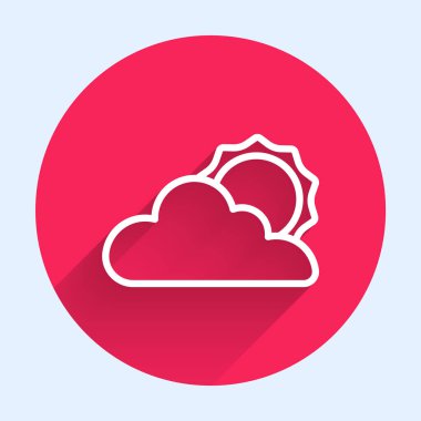 Beyaz çizgi Güneş ve bulut hava ikonu uzun gölgeli izole edilmiş. Kırmızı daire düğmesi. Vektör