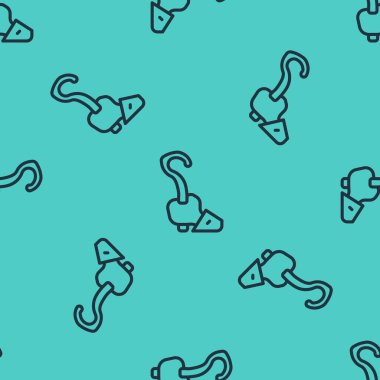 Siyah çizgi sihirli asa simgesi yeşil arkaplandaki kusursuz deseni izole etti. Sihirli değnek, asa, değnek, değnek. Vektör