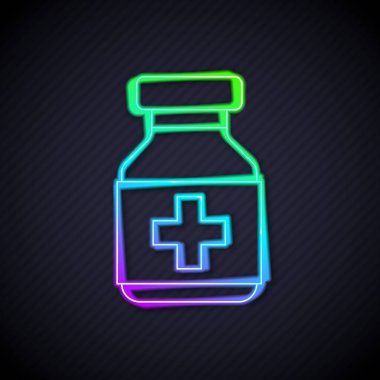 Parlayan neon hattı ilaç şişesi ve siyah arka planda izole edilmiş hap ikonu. Şişe hapı işareti. Eczane tasarımı. Vektör