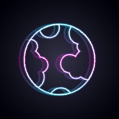 Parlayan neon çizgisi Dünya ikonu siyah arka planda izole edildi. Dünya ya da Dünya işareti. Küresel internet sembolü. Geometrik şekiller. Vektör