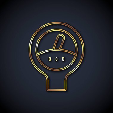 Altın çizgi ölçeği simgesi siyah arkaplanda izole edildi. Memnuniyet, sıcaklık, manometre, risk, değerlendirme, performans, hız taktik ölçer. Vektör