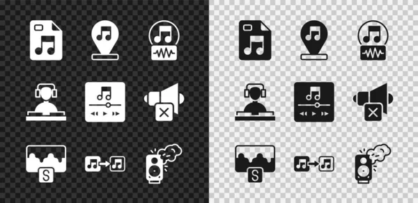 Ορισμός έγγραφο MP3 αρχείο, μουσική σημείωση, τόνος, κύμα equalizer, στερεοφωνικό ηχείο, DJ παίζει μουσική και εικονίδιο παίκτη. Διάνυσμα — Διανυσματικό Αρχείο