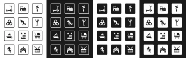 Set Windrad-Spielzeug, Spielzeug-Flugzeug, Fidget Spinner, Roller Scooter, Harke, Zug, Kinderwagen und Boot-Symbol. Vektor — Stockvektor
