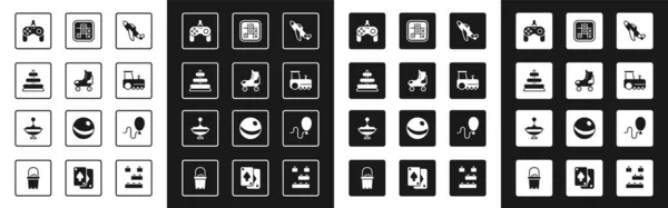 Set Toy plane, Roller skate, Pyramid toy, Gamepad, train, Tic tac tock game, Balloons and Whirligig icon. Vector — 스톡 벡터