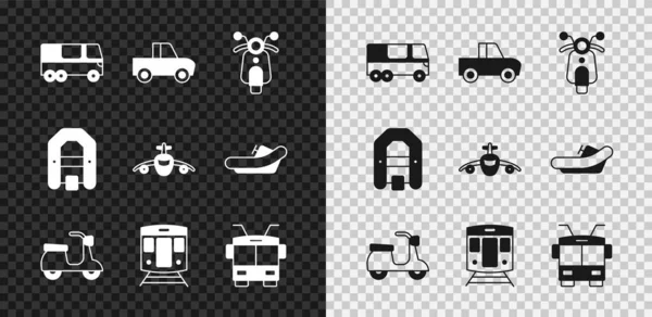 Set Bus, Camioneta, Scooter, Tren y ferrocarril, Trolebús, Rafting boat y Avión icono. Vector — Archivo Imágenes Vectoriales