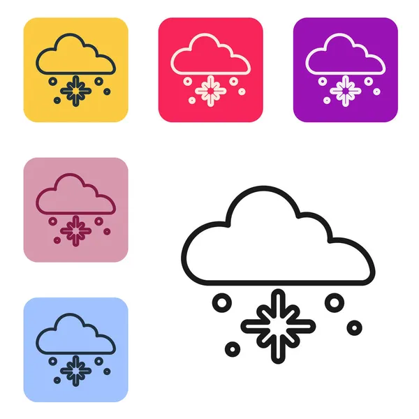 Nube de línea negra con icono de nieve aislado sobre fondo blanco. Nube con copos de nieve. Icono de tiempo único. Signo de niebla. Establecer iconos en botones cuadrados de color. Vector — Archivo Imágenes Vectoriales